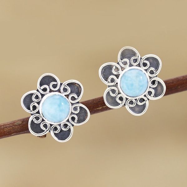 Alternate image for Larimar and Sterling Silver Flower Button Earrings Blossom in Blue