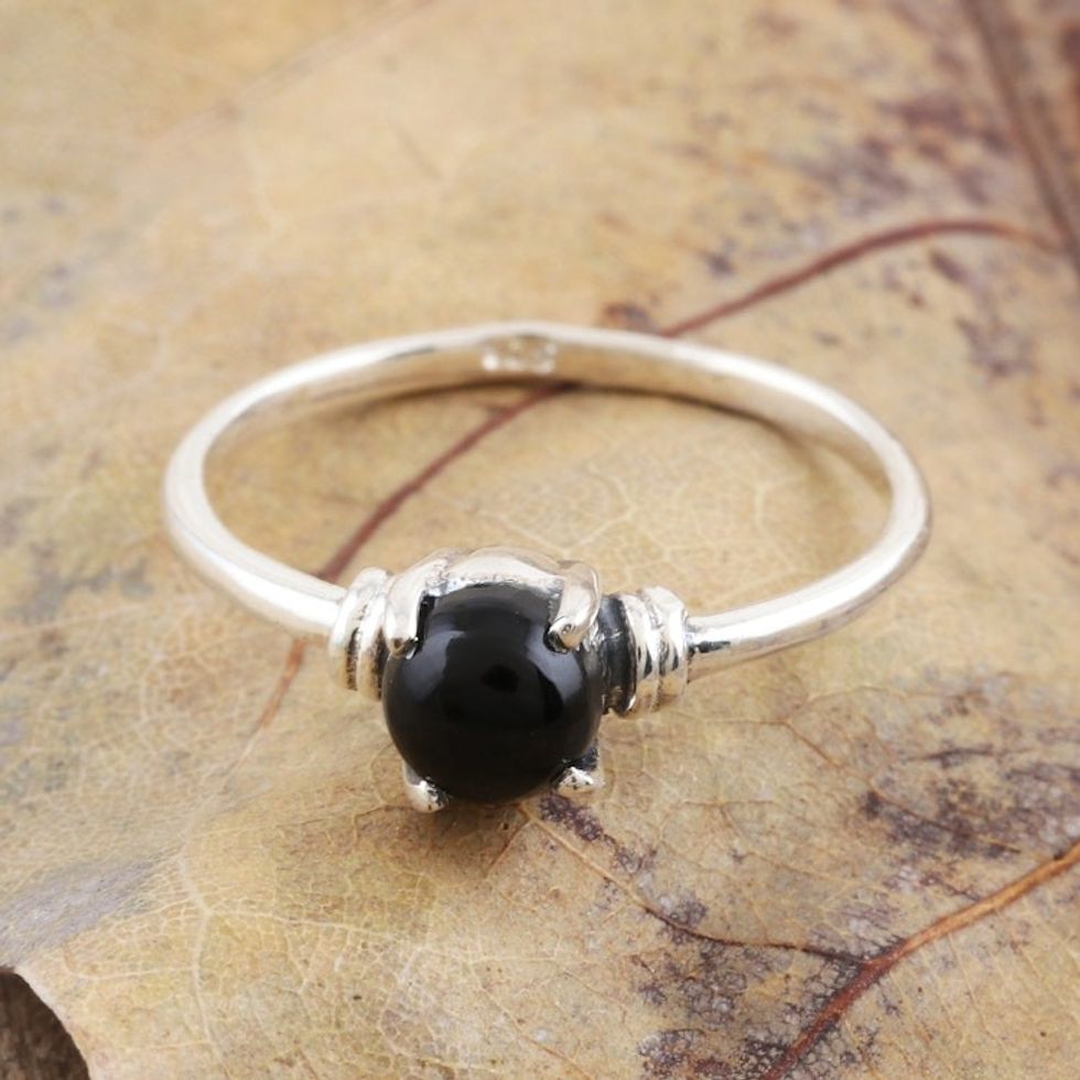 Black Onyx Cabochon Sterling Silver Ring 'Magical Orb'