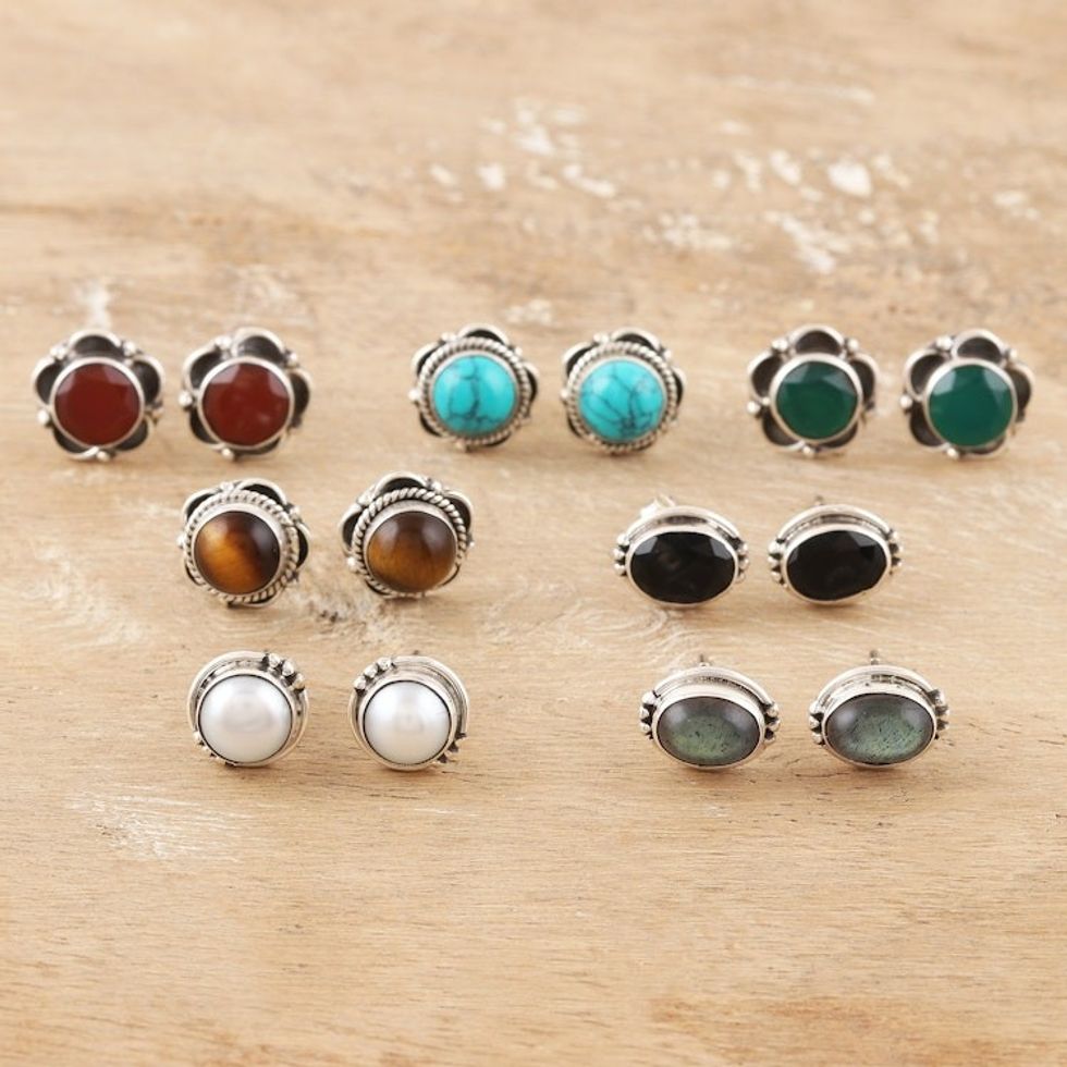 Artisan Crafted Multi-Gemstone Stud Earrings Set of 7 'Everyday Pairs'