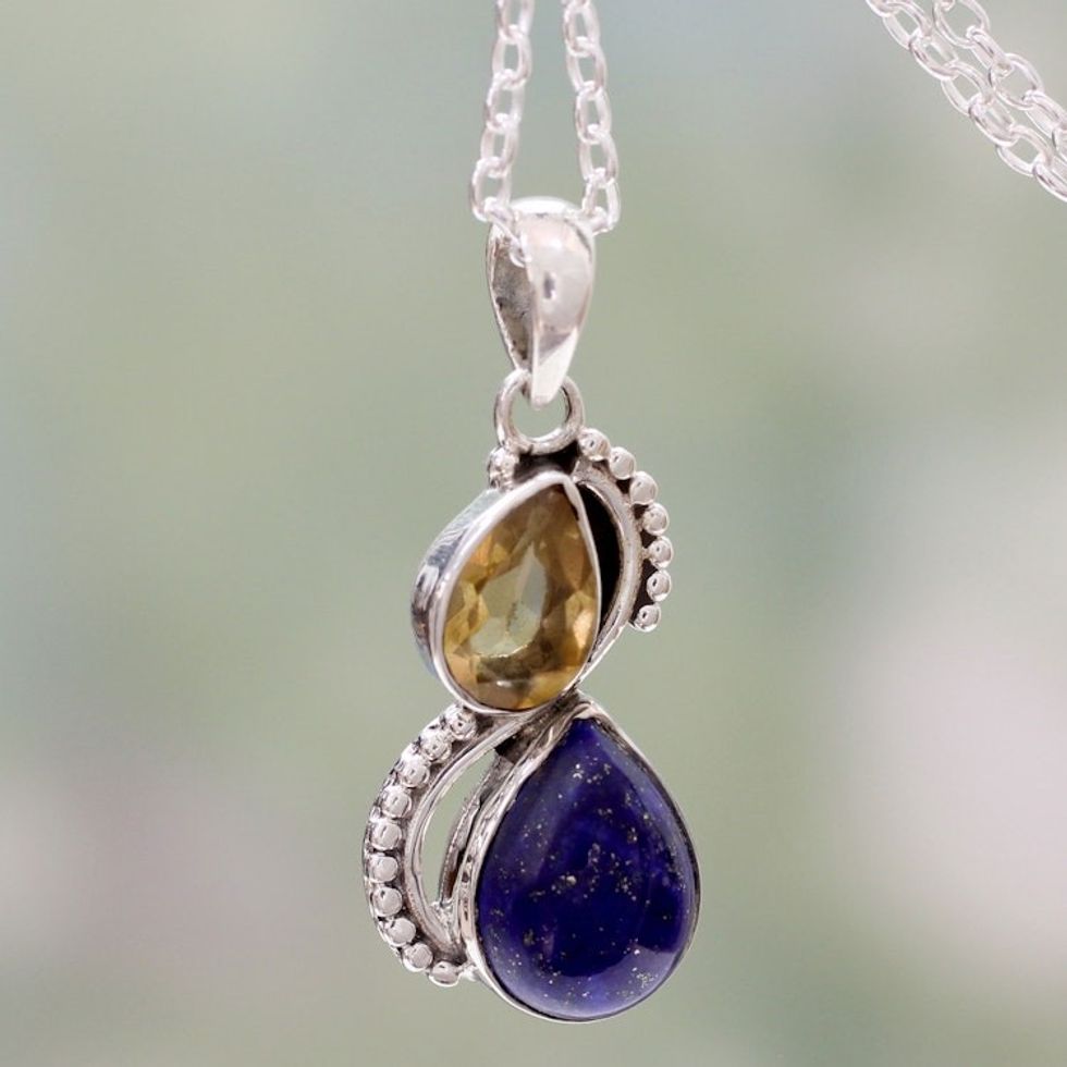 India Silver and Lapis Lazuli Necklace with Faceted Citrine 'Two Teardrops'