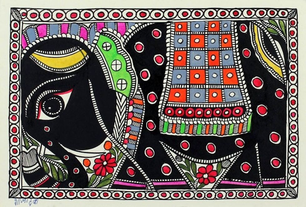 Indian Madhubani Painting of Elephant on Handmade Paper 'Royal Mount'