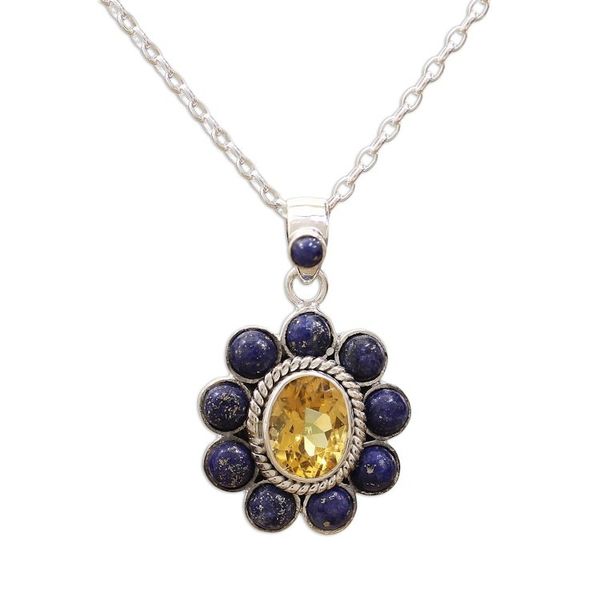 Alternate image for Citrine Lapiz Lazuli Sterling Silver Necklace NOVICA India Sunny Blue