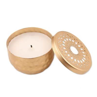 Alternate image for Gold Finish Tealight Candle and Holder with Jali Cutouts Dancing Light