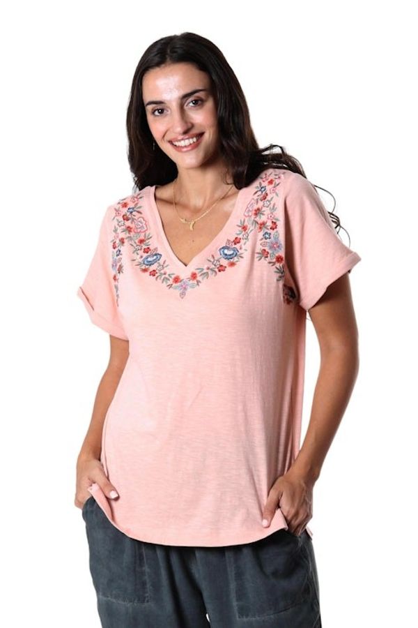 Alternate image for Embroidered Pink Cotton T-Shirt from India Spring Glee in Petal Pink