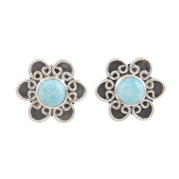 Alternate image for Larimar and Sterling Silver Flower Button Earrings Blossom in Blue
