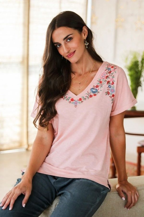 Alternate image for Embroidered Pink Cotton T-Shirt from India Spring Glee in Petal Pink