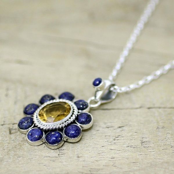 Alternate image for Citrine Lapiz Lazuli Sterling Silver Necklace NOVICA India Sunny Blue