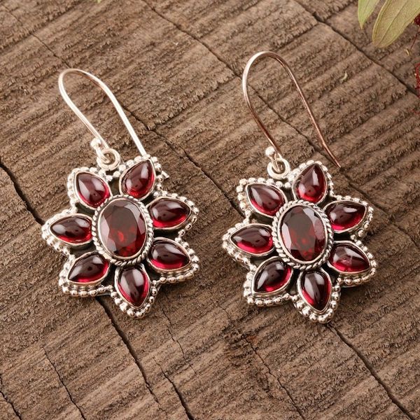 Alternate image for Garnet Flower-Shaped Dangle Earrings Camellia Blossoms