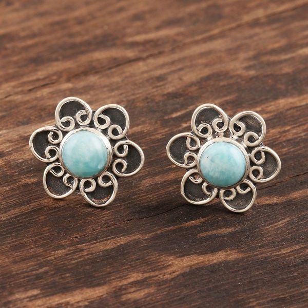 Alternate image for Larimar and Sterling Silver Flower Button Earrings Blossom in Blue