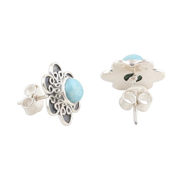 Alternate image for Larimar and Sterling Silver Flower Button Earrings Blossom in Blue