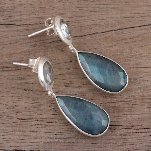 Alternate image for Labradorite and Prasiolite Post Dangle Earrings Lucid Shadows