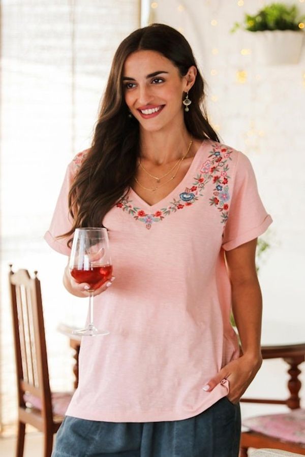 Alternate image for Embroidered Pink Cotton T-Shirt from India Spring Glee in Petal Pink
