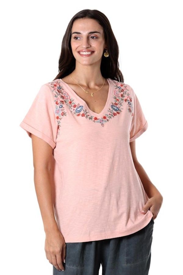 Alternate image for Embroidered Pink Cotton T-Shirt from India Spring Glee in Petal Pink