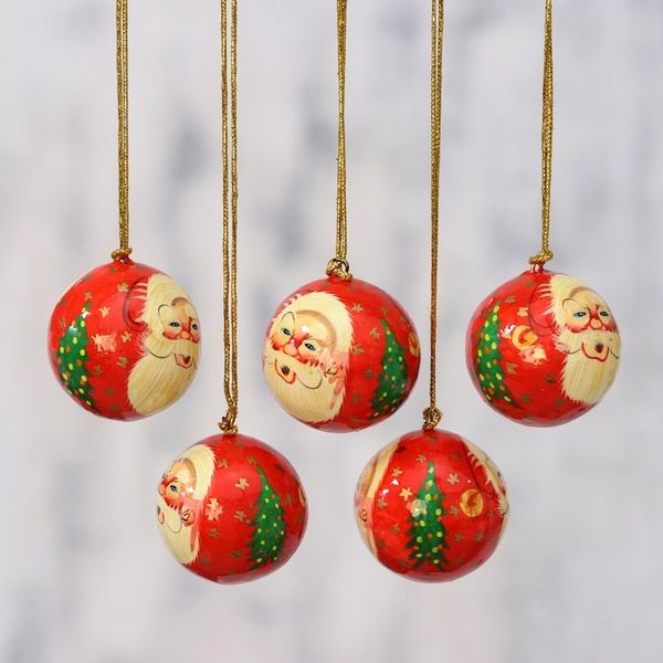 Alternate image for 5 Santa Claus Ornaments Handcrafted in Papier Mache Laughing Santa Claus
