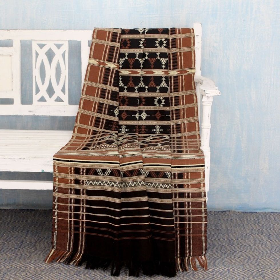 Cotton Geometric Handwoven Cotton Thrown in Black and Browns 'Jodhpur Night'