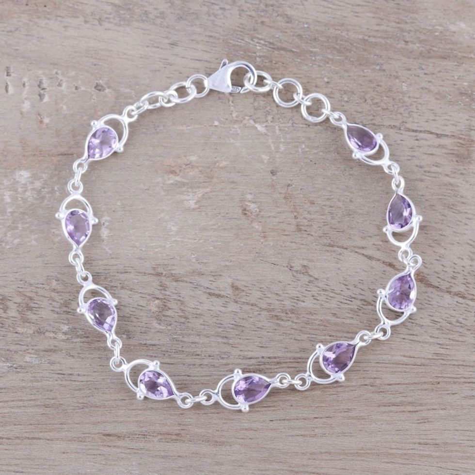 Sterling Silver and Purple Faceted Amethyst Link Bracelet 'Teardrop Tendrils'