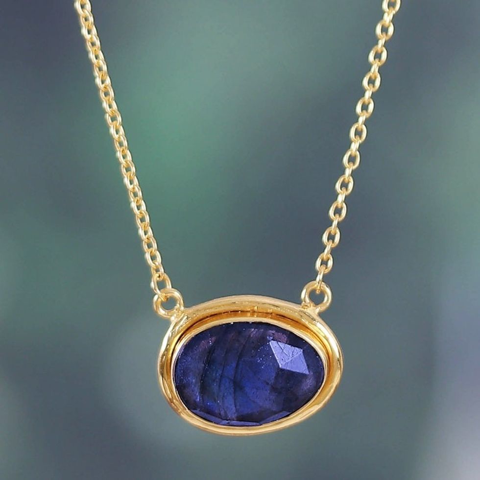 18k Gold-Plated Natural Labradorite Pendant Necklace 'Nocturnal Dazzle'