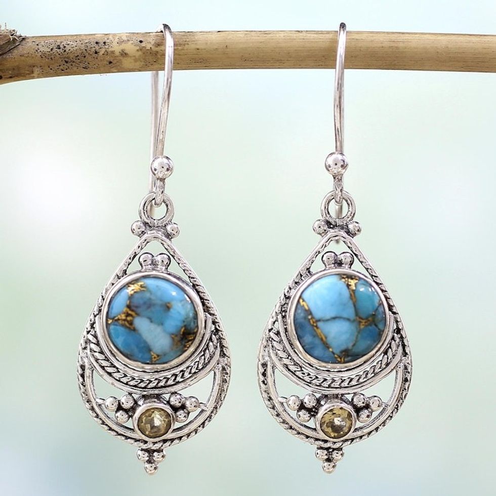 Citrine Composite Turquoise Dangle Earrings from India 'Azure Heaven'