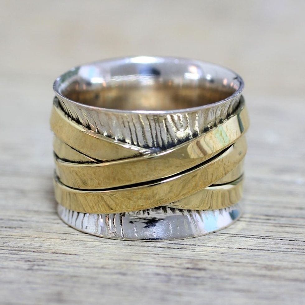 Indian Band Ring Hand Crafted of Sterling Silver and Brass 'Crisscrossing Grace'