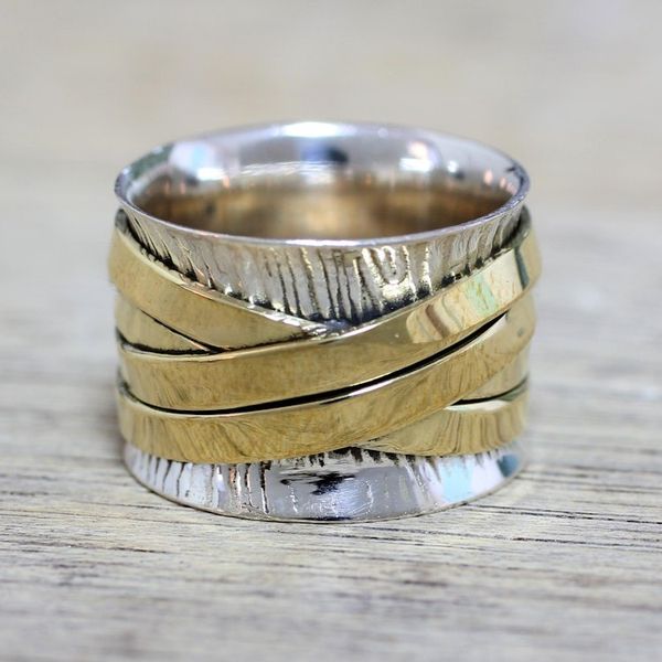 Alternate image for Indian Band Ring Hand Crafted of Sterling Silver and Brass Crisscrossing Grace