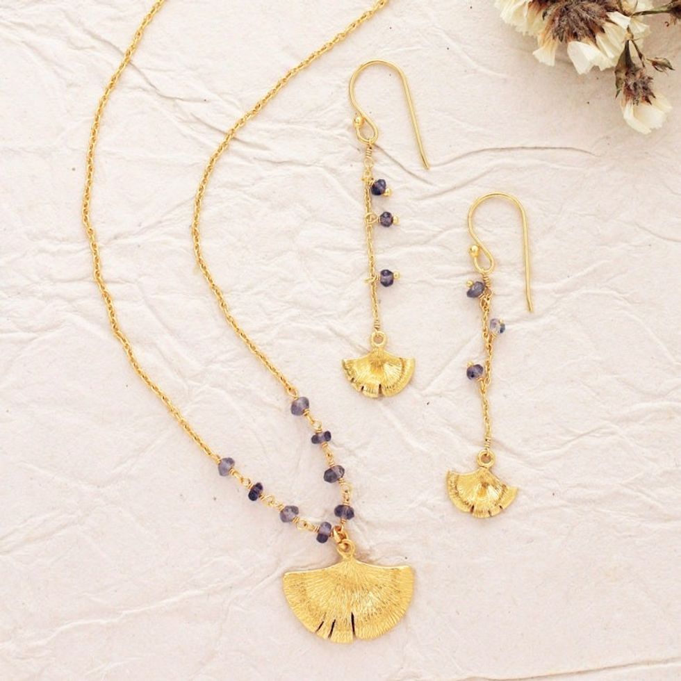 22k Gold-Plated Iolite Leafy Jewelry Set from India 'Golden Ginkgo'