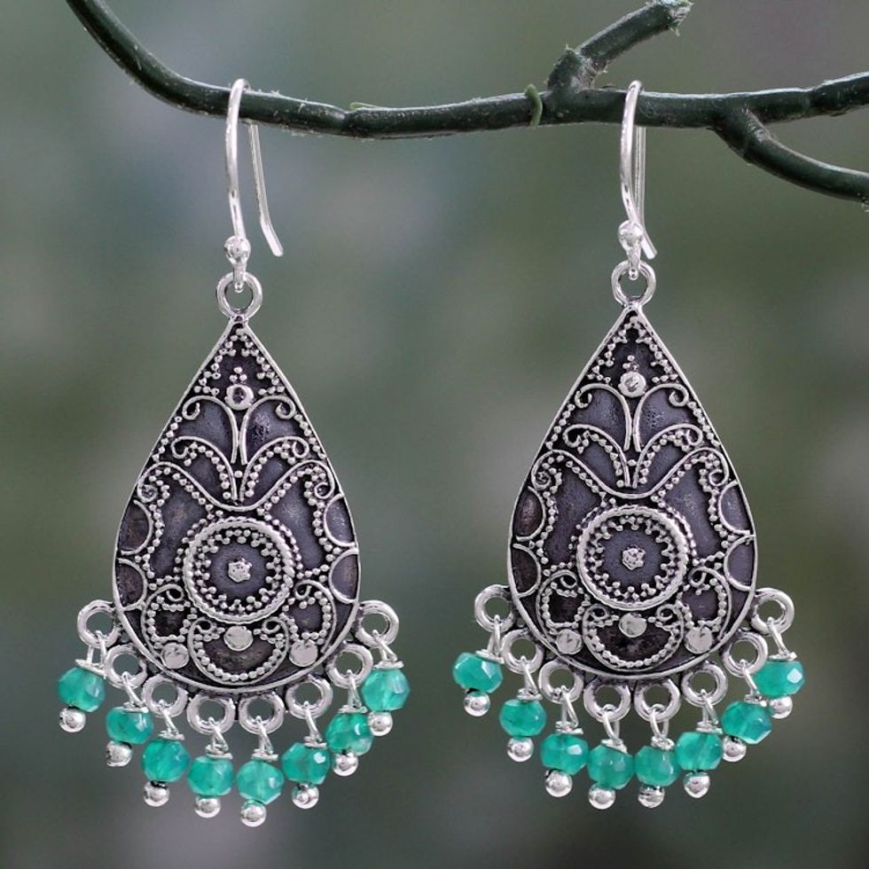 Green Onyx and Sterling Silver Dangle Earrings from India 'Glistening Fern'