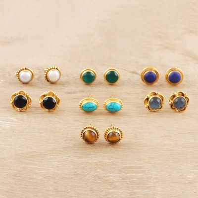 Alternate image for Gold-Plated Multi-Gemstone Stud Earrings Set of 7 Daily Glamour