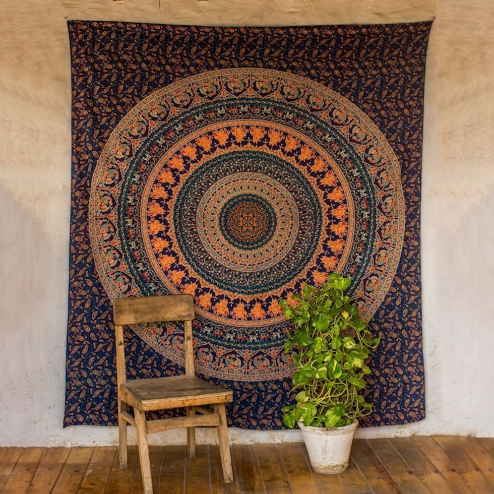 Navy Blue Mandala Cotton Printed Bohemian Style Wall Hanging 'Majestic Mandala'