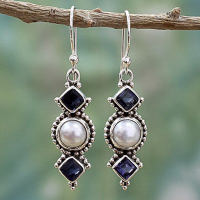 Alternate image for Iolite and Cultured Pearl Sterling Silver Dangle Earrings Lunar Allure