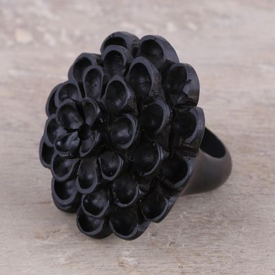 Alternate image for Hand Carved Ebony Wood Marigold Cocktail Ring from India Marigold Shadow