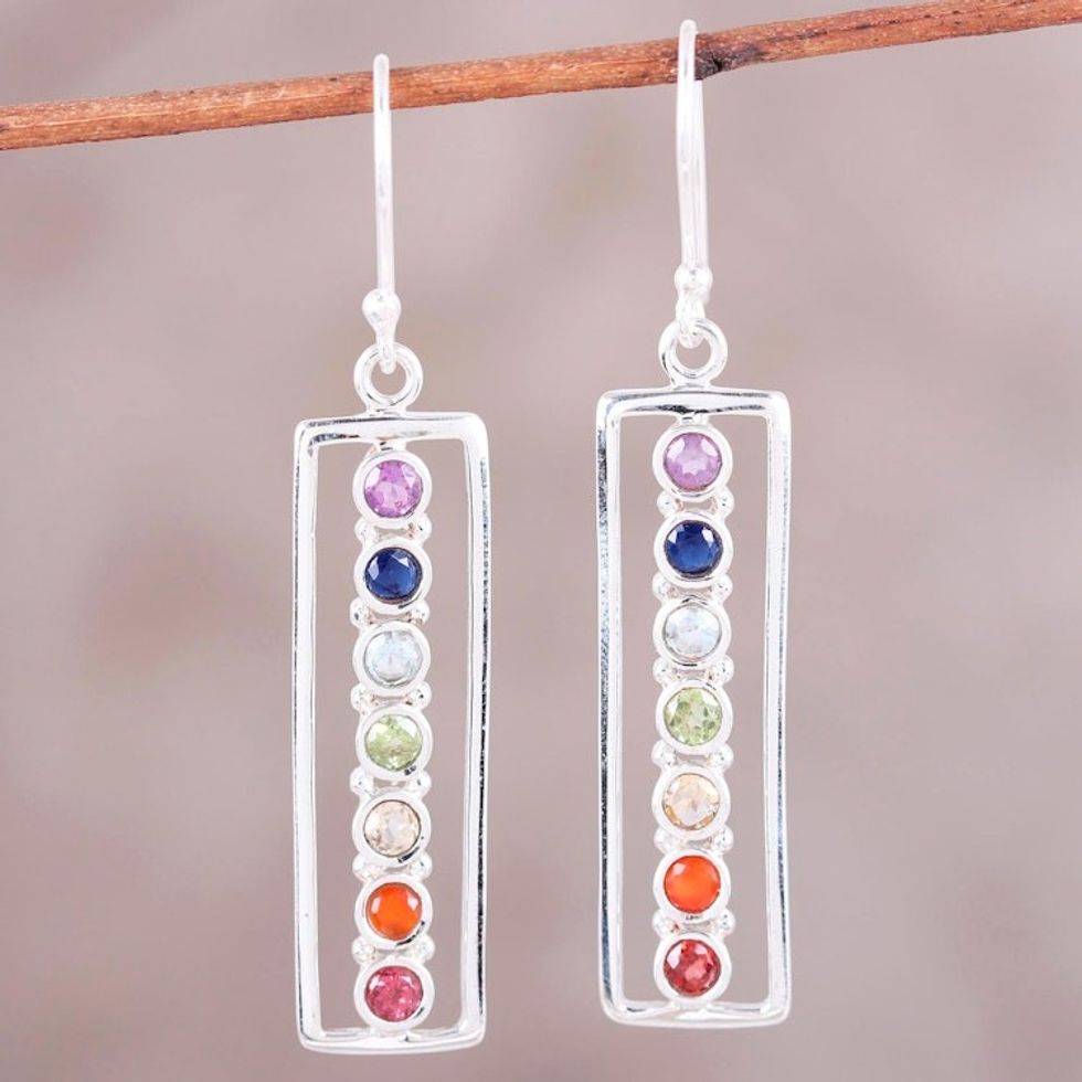 925 Sterling Silver Multi-Gemstone Chakra Dangle Earrings 'Shimmering Chakra'