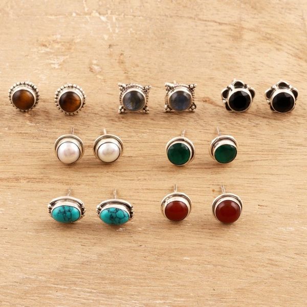 Alternate image for Set of 7 Gemstone Stud Earrings from India Elegant Pairs