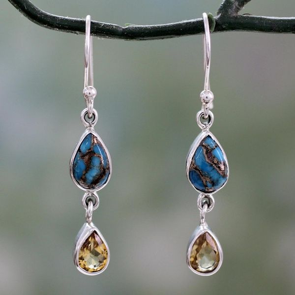 Alternate image for Citrine and Composite Blue Turquoise Dangle Earrings Heavenly Light