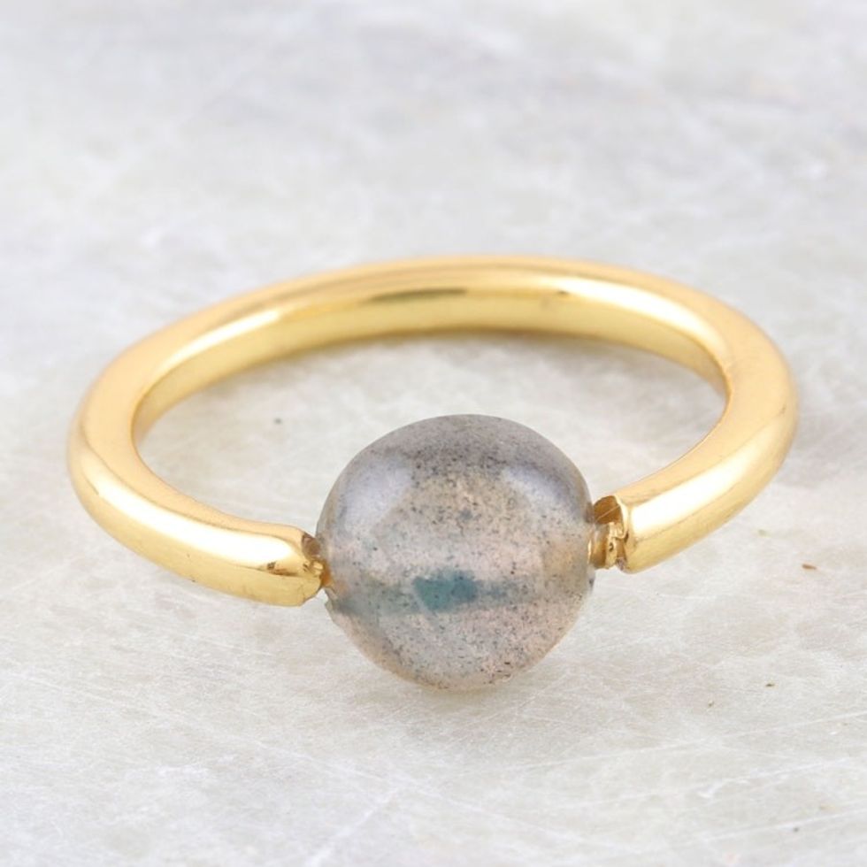 Hand Made Gold-Plated Labradorite Single Stone Ring 'Return to Saturn in Grey'