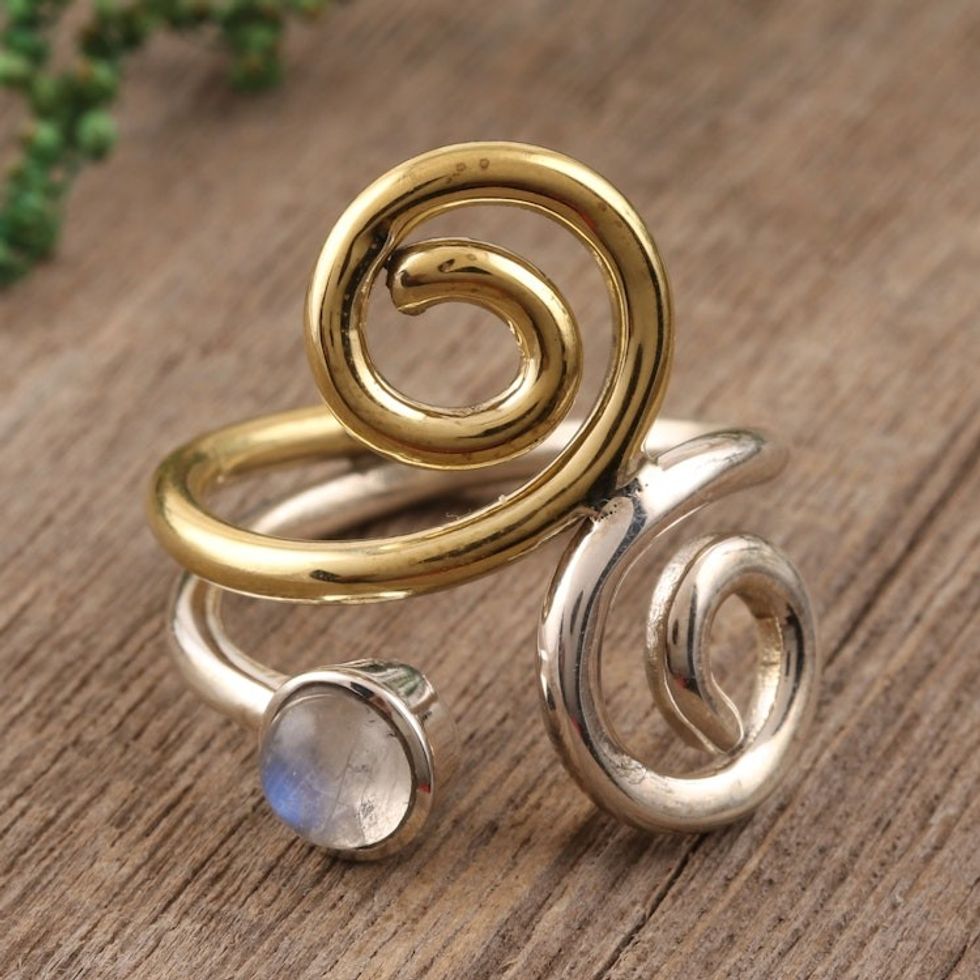 Rainbow Moonstone Ring with Sterling Silver and Brass 'Curling Union'