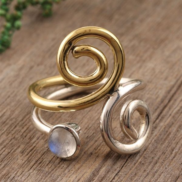 Alternate image for Rainbow Moonstone Ring with Sterling Silver and Brass Curling Union