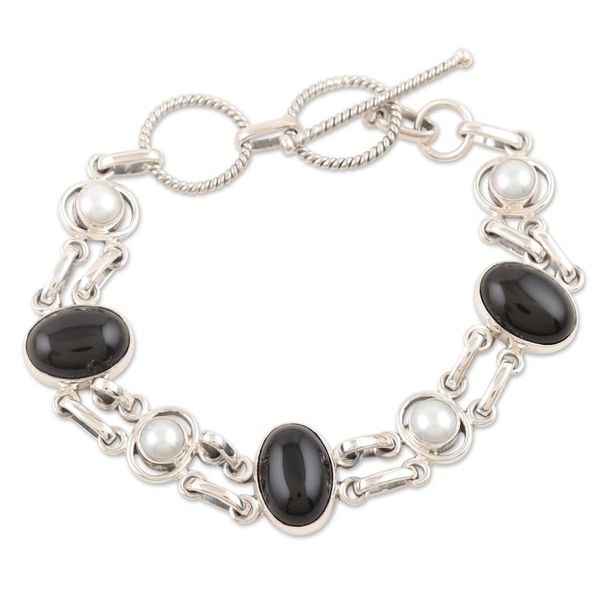 Alternate image for Pearl and onyx link bracelet Jaipur Night