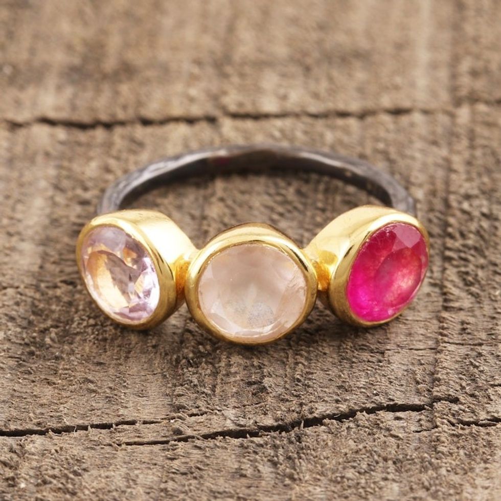 Gold Accent Amethyst Rose Quartz Cocktail Ring from India 'Pretty Trio'