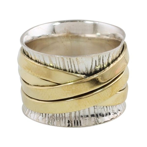 Alternate image for Indian Band Ring Hand Crafted of Sterling Silver and Brass Crisscrossing Grace
