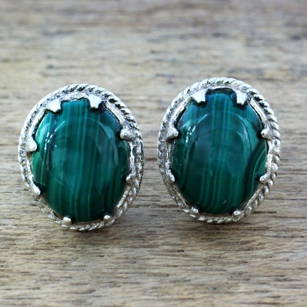 Sterling Silver and Deep Green Malachite Earrings 'Morning Forest'