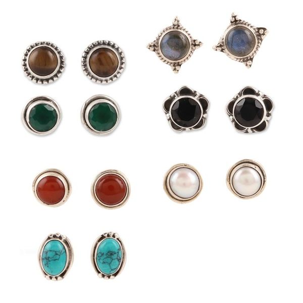 Alternate image for Set of 7 Gemstone Stud Earrings from India Elegant Pairs