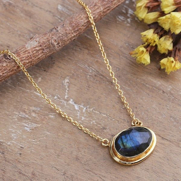 Alternate image for 18k Gold-Plated Natural Labradorite Pendant Necklace Nocturnal Dazzle