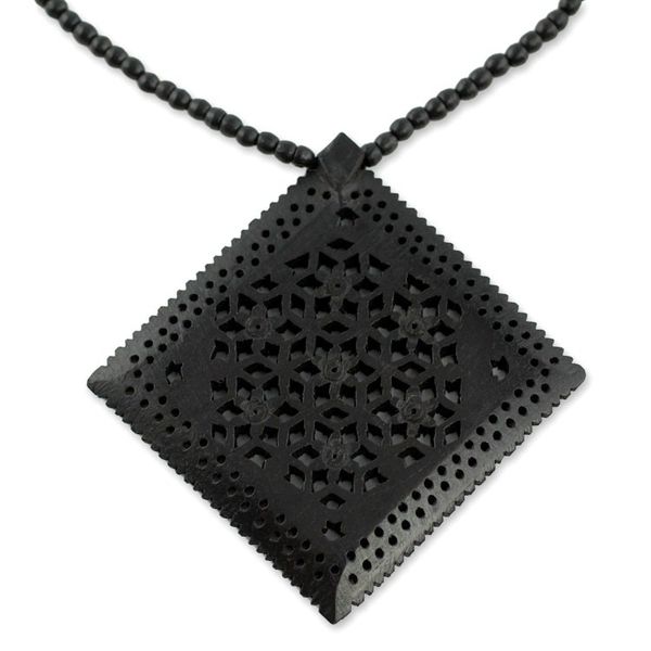 Alternate image for Ebony Wood Necklace Hand Carved Jewelry from India Mughal Enchantress Diamond