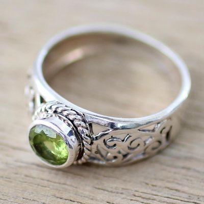 Alternate image for Peridot and Sterling Silver Indian Ring with Paisley Design Blossoming Desire