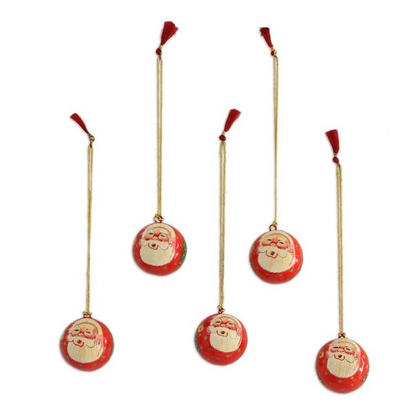 Alternate image for 5 Santa Claus Ornaments Handcrafted in Papier Mache Laughing Santa Claus