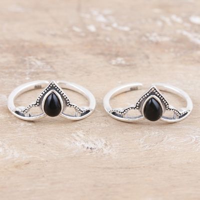 Alternate image for Black Onyx and Sterling Silver Toe Rings Pair Magic Crown