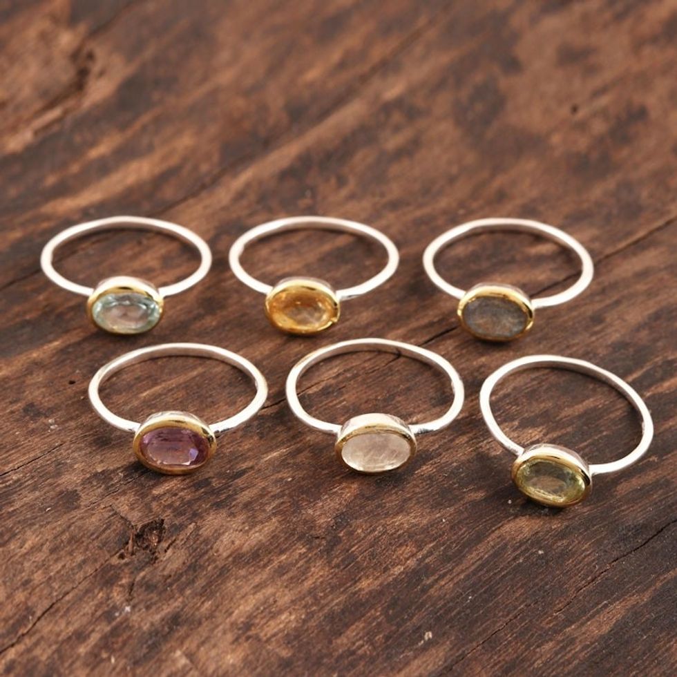 Gemstone Solitaire Rings from India Set of 6 'Sparkling Sextet'