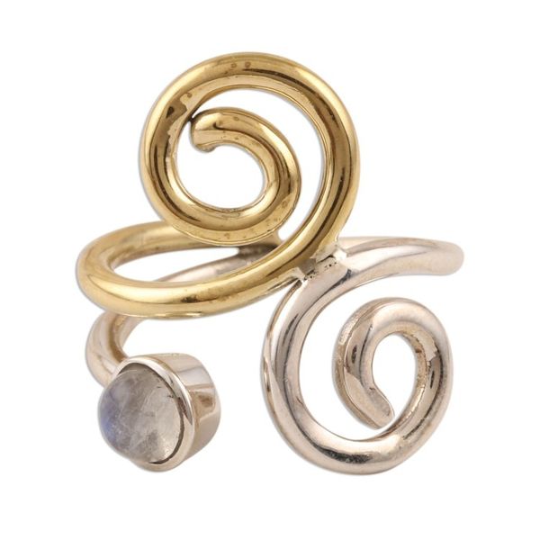 Alternate image for Rainbow Moonstone Ring with Sterling Silver and Brass Curling Union