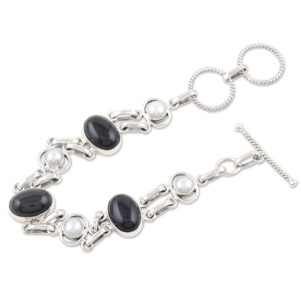 Alternate image for Pearl and onyx link bracelet Jaipur Night