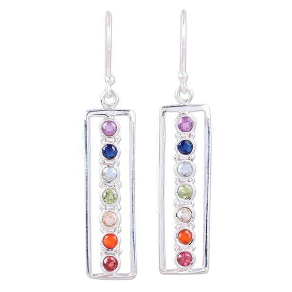 Alternate image for 925 Sterling Silver Multi-Gemstone Chakra Dangle Earrings Shimmering Chakra